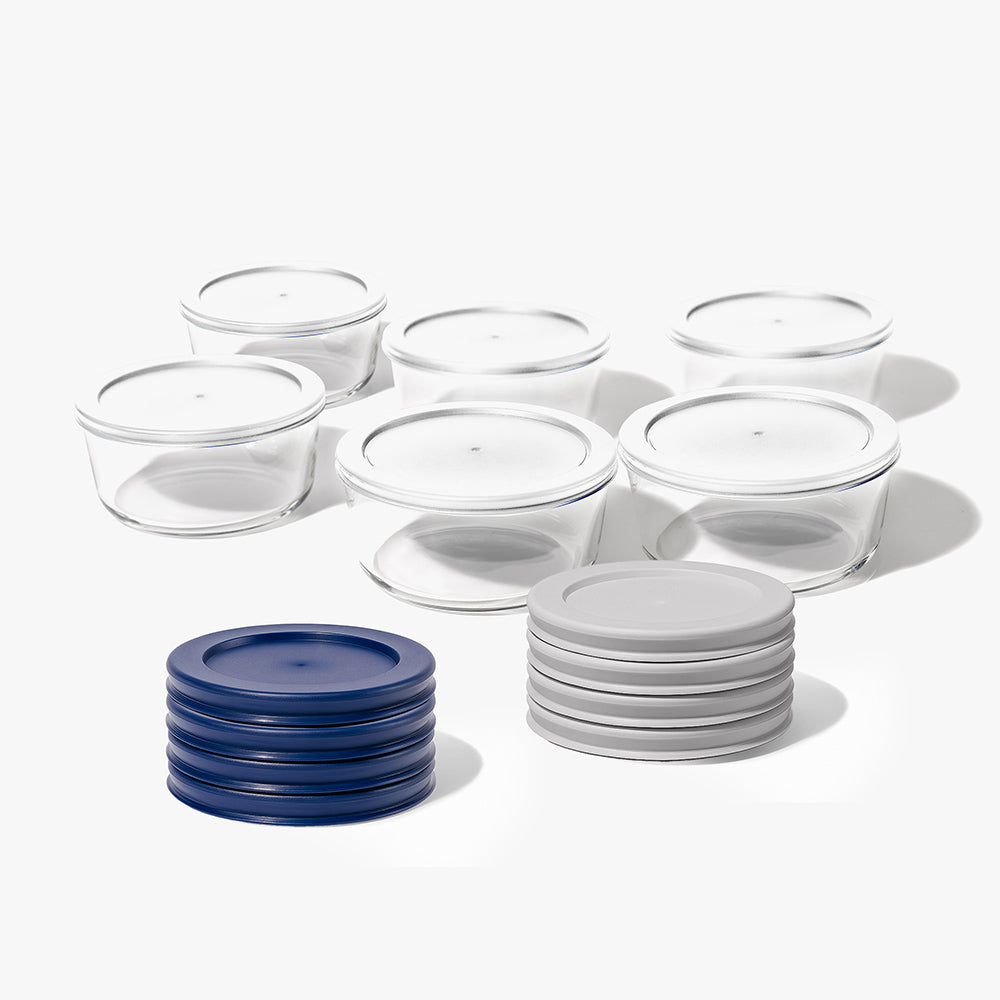 12 Piece (4 Cup / 32oz) Round Glass Food Storage Container Set (6 Containers + 6 Lids) with Bonus Lids