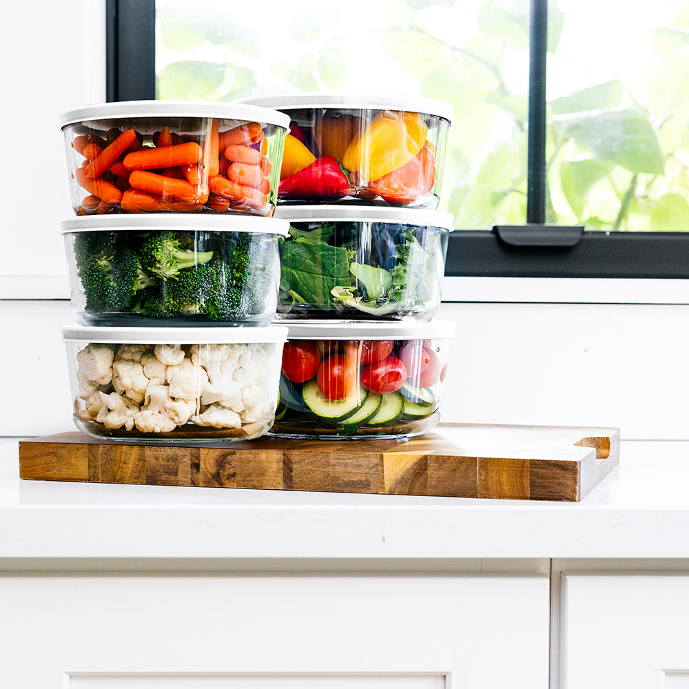 12 Piece (4 Cup / 32oz) Round Glass Food Storage Container Set (6 Containers + 6 Lids) with Bonus Lids