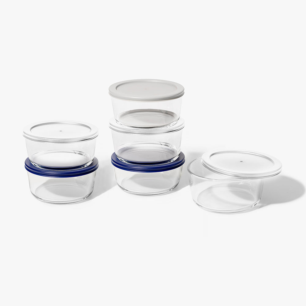 12 Piece (4 Cup / 32oz) Round Glass Food Storage Container Set (6 Containers + 6 Lids) with Bonus Lids