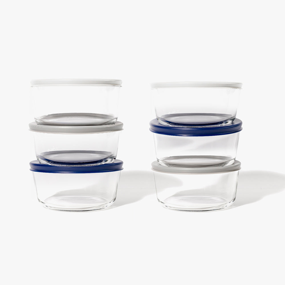 12 Piece (4 Cup / 32oz) Round Glass Food Storage Container Set (6 Containers + 6 Lids) with Bonus Lids